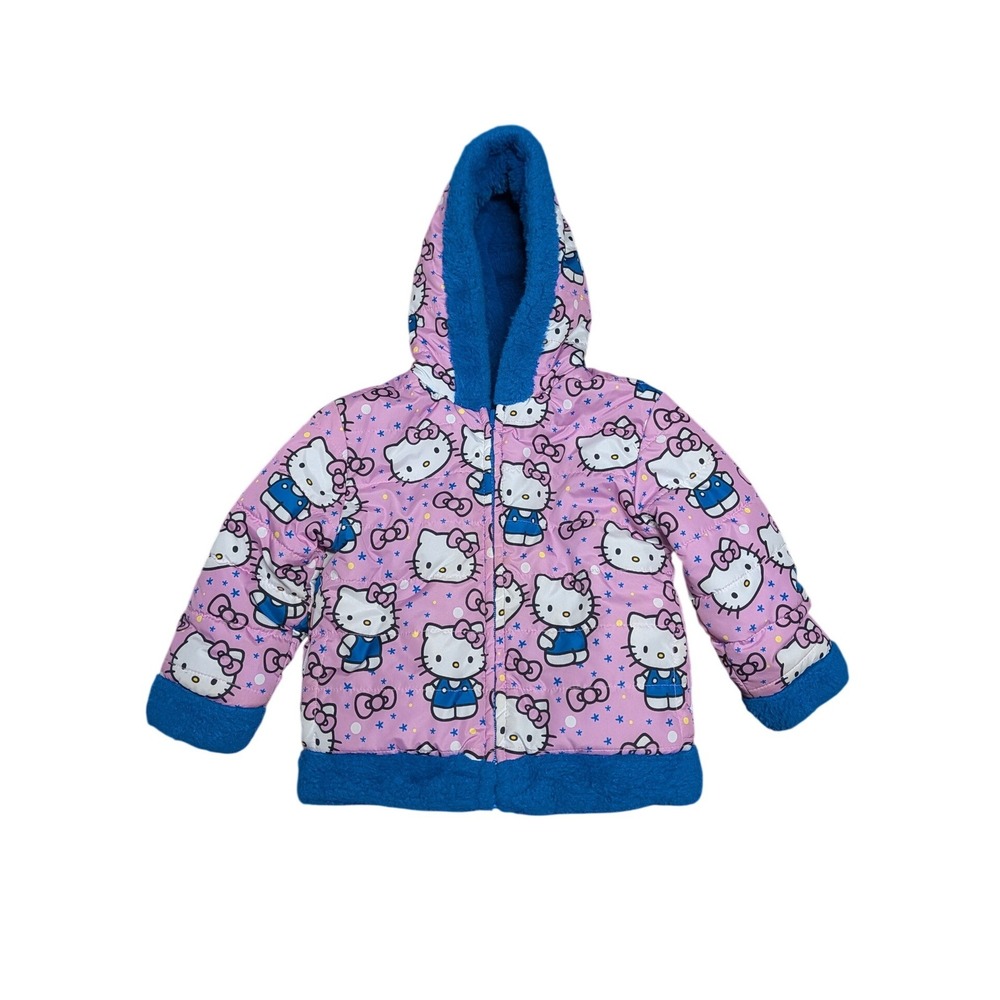 Hello Kitty Reversible Puffer Jacket Pink Blue Faux Fur Hooded Coat 2T Sanrio